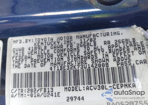 2003 Toyota Camry Le из США, поврежденный, VIN 4T1BE32K73U142008